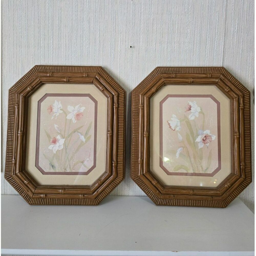 Vintage Plastic Art Frames Brown Faux Wood Rattan 80s Floral